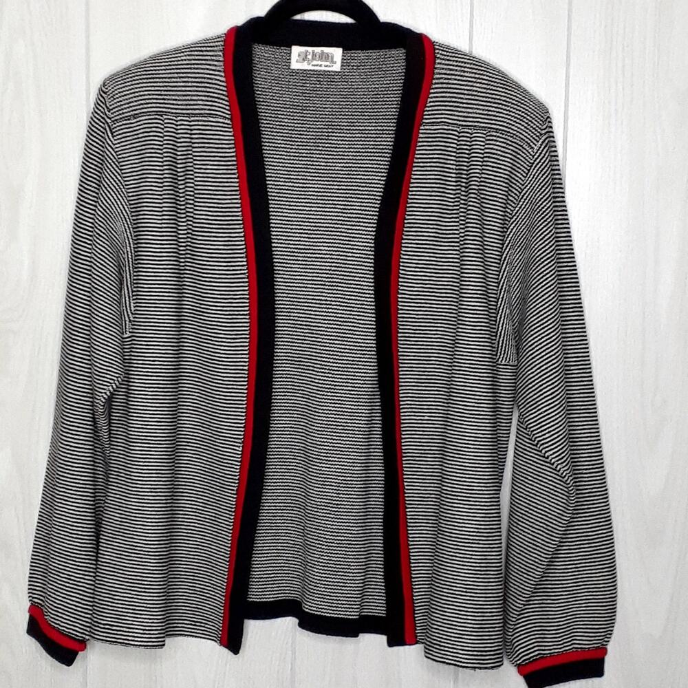 St. John by Marie Gray Cardigan Striped Black & White Red Trim Size 14 Vintage